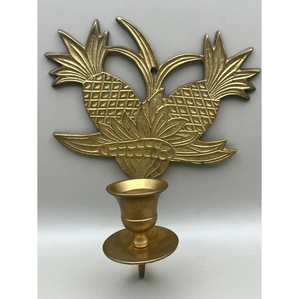Vtg‎ Solid Brass Double Pineapple Wall Sconce Candle Holder Decor 6.5